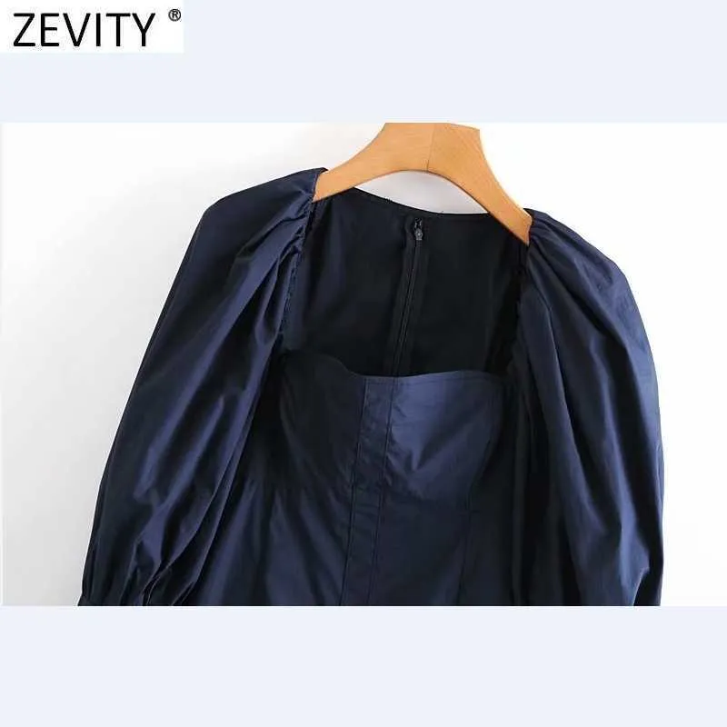 Zevity Women Vintage Kwadratowy Kołnierz Pleat Latarnia Rękaw Dorywczo Mini Dress Lady Chic Court Styl Zipper Design Vestido DS4775 210603