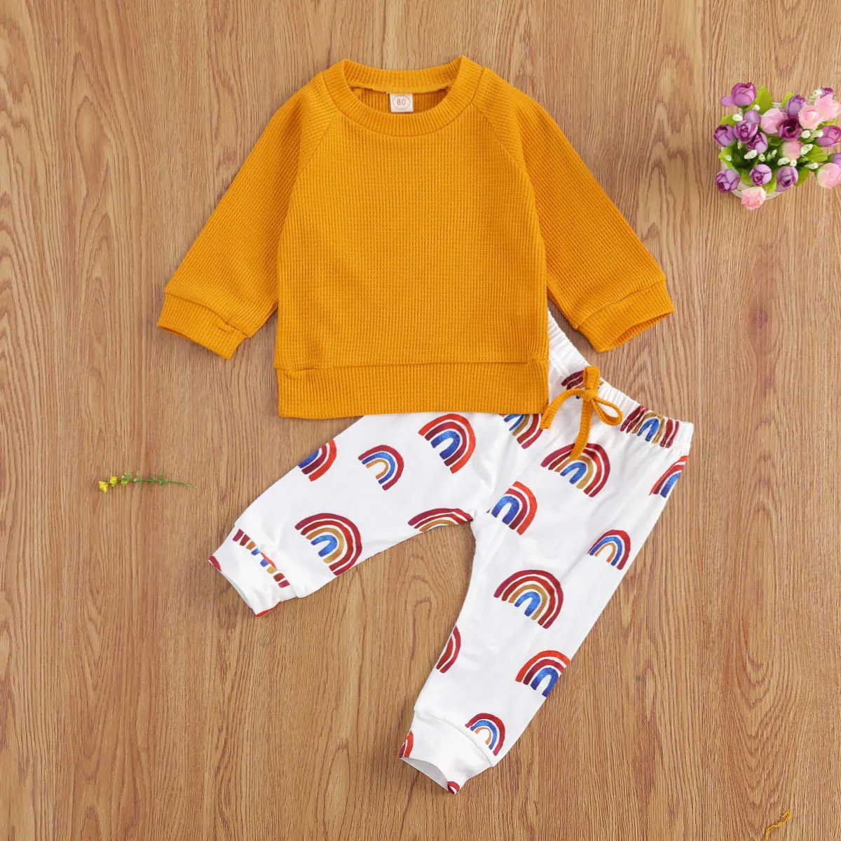 Neugeborenen Mädchen Jungen Kleidung Herbst Frühling Gestrickte Pullover Tops Regenbogen Hosen Outfits Baby Kleidung Set 210309