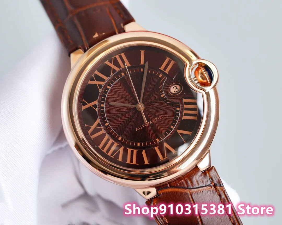 Classic Brand Rose Gold Rome Number Watch New Men Automatic Mechanical watches Stainless Steel Date clock Brown Leather 42mm