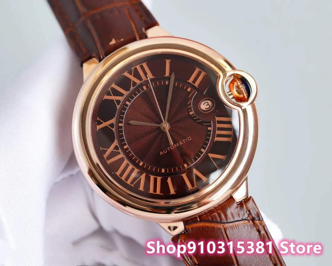 Klassiek merk rose goud rome nummer horloge nieuwe mannen automatische mechanische horloges roestvrijstalen datum klok bruin leer 42mm