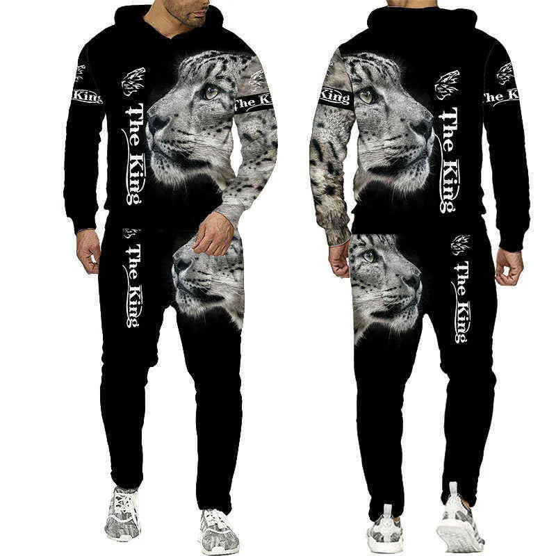 Ferocious Leopard 3D tryckt hoodie + byxor Svart TRACKSUIT MEN KVINNOR SWEATSHIRTS TWO PIEW SETS Långärmad herrkläder G1217