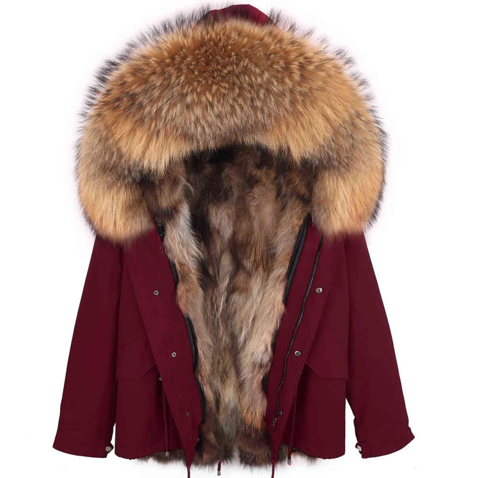 Russo Natural Forring Forro Parka Casaco Real Casaco de Pele Casaco de Inverno Mulheres Natural Guaxinim Colar De Pele Quente Parkas 211110