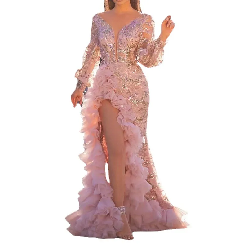 2021 rosa aftonklänningar bär mantel långa ärmar illusion kristall pärlor hög sida split golvlängd fest klänning prom klänningar op308d