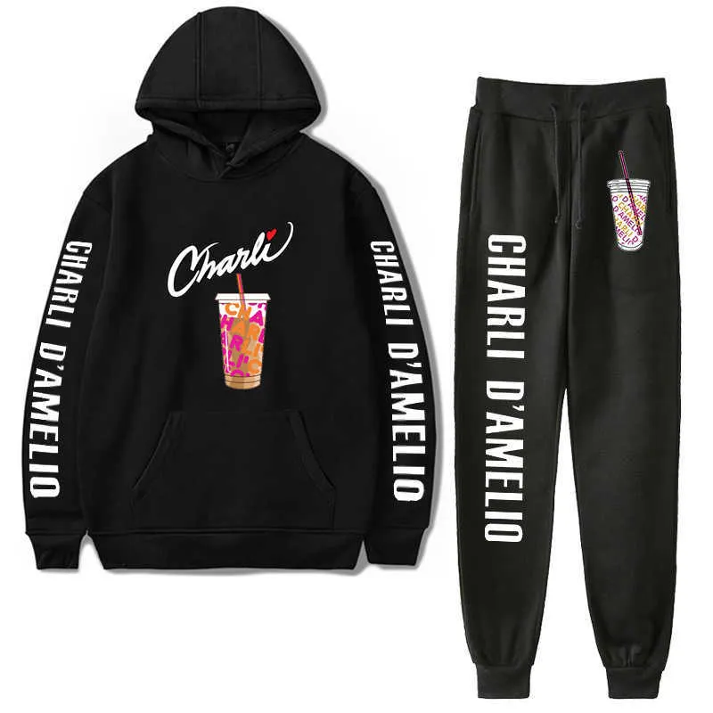 Charli d'amelio två stycken uppsättning kvinnor / män mode hoodies + sweatpants pojkar tjejer charli damelio merch sweatshirt kostym sportkläder x0610