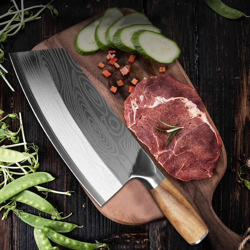 Кухня Damascus Laser Pattern Китайский шеф -повар из нержавеющей стали мясной мясо измельчение ножа овощной нож 7245087