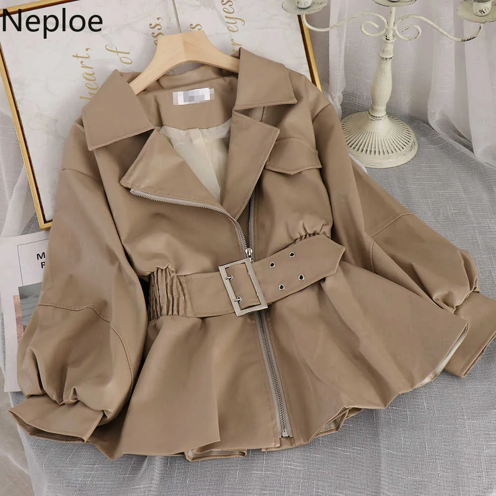 NEPLOE FASHION FAUX LEATHER PU COAT KOREAN STYLE TURN-DOWN CRAAR Slim Outwear Full Höst Kvinnor Jacka med Bälte 210914