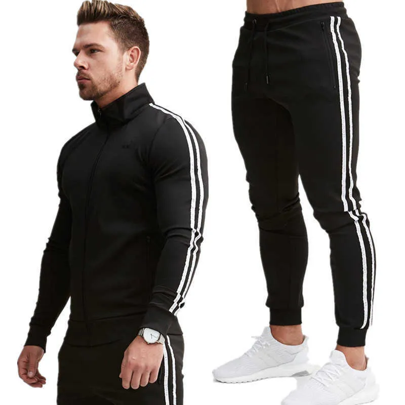 Homens Casual Sets 2021 Outono New Men's Zipper Cardigan Splice Jogger Tracksuit Zipper Hoodies + Calças Define Roupas de Desporto Masculino X0909