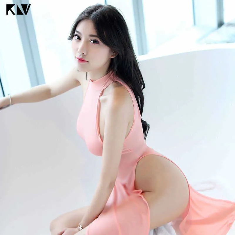 KLV Kvinnor Frestelse Cheongsam Underkläder Midi Dress High Split Babydoll Nightgown Uniform Halter Backless Solid Color Sleepwear 210924