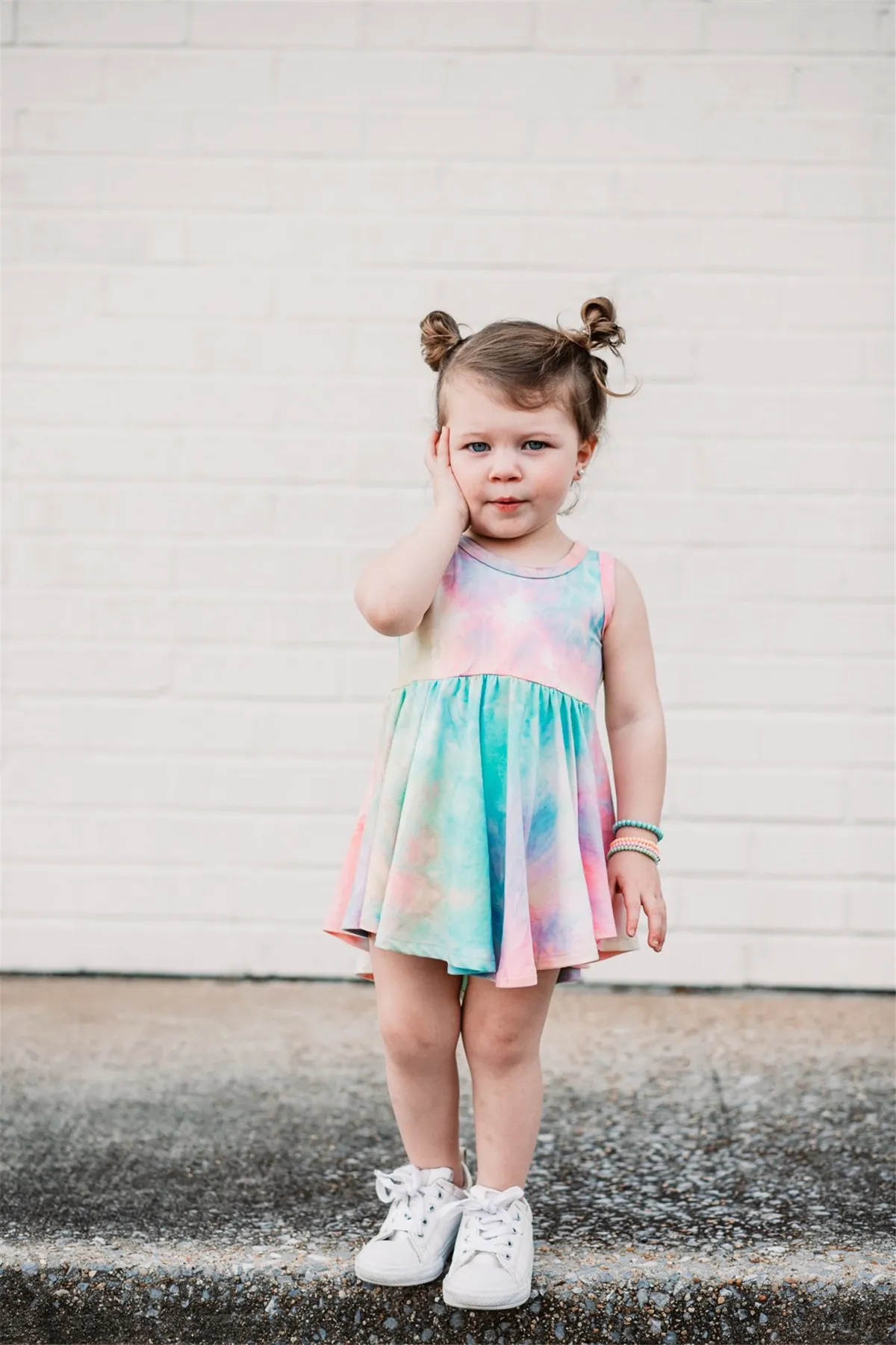 Moda tingido impressão gil's vestidos princesa crianças saia sem mangas bebê vestido