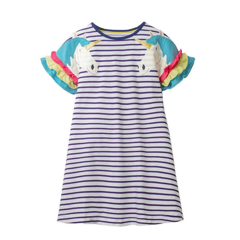 Saltando metros verão princesa vestidos para festa stripe unicórnio bordado vendendo estilo europeu roupas de bebê vestido 210529