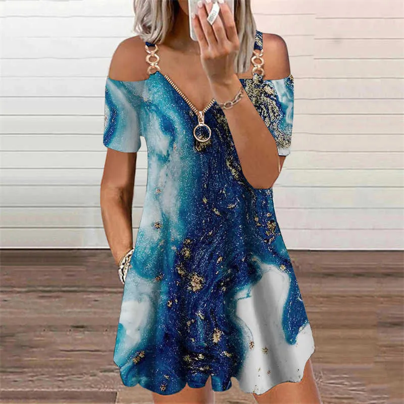 2021 Sommar Ny Kvinnors Klädsel estetisk Vintage Blommig Tryckt Klänning Mode Casual Loose Zipper Camisol V-Neck Mini Dresses Y1006
