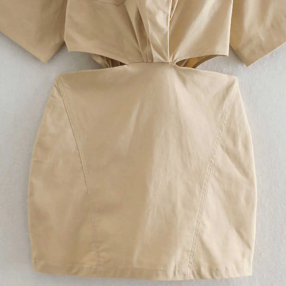 Za вырезать короткие платья летняя женщина повседневная тонкая тонкий карманный рукав мини платье шик задняя мол Zip 210531