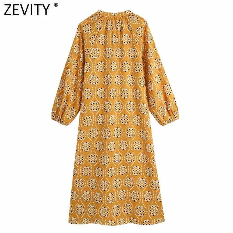 Zevity kvinnor vintage v nacke totem blommig utskrift sida split midi klänning kvinnlig singel breasted vestidos casual tröja klänningar ds8287 210603