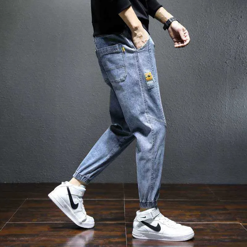 Jeans Men's Trendy Brand Hip-hop Höst och Vinter Ny lös Tooling Harem byxor Nio poäng Casual Byxor Höst X0621