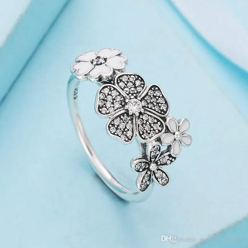 Authentic 925 Sterling Silver White enamel Flower Rings Original Box for Pandora Silver Jewelry for Women Natural crystal Wedding Ring