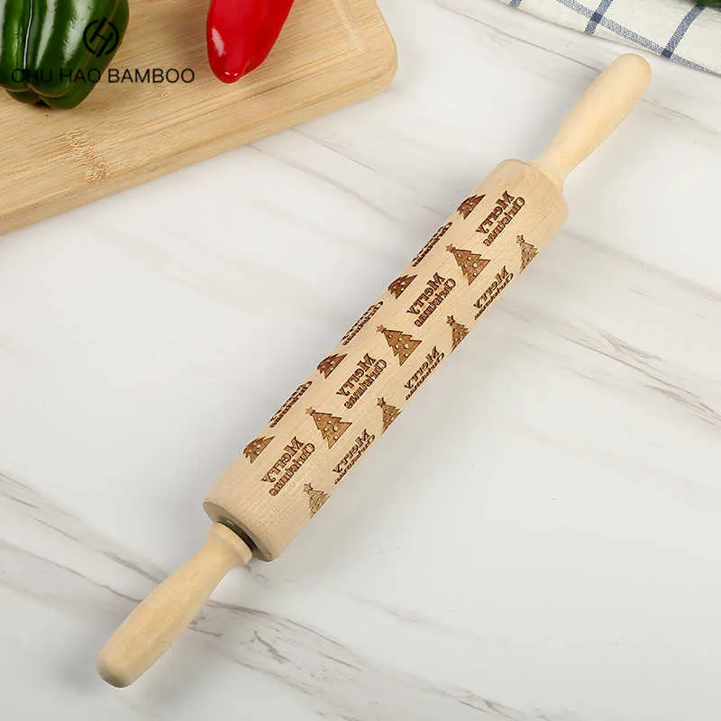 35/42*5cm Christmas Embossing Rolling Pin Baking Cookies Noodle Biscuit Fondant Cake Dough Engraved Roller Reindeer Snowflake 211008