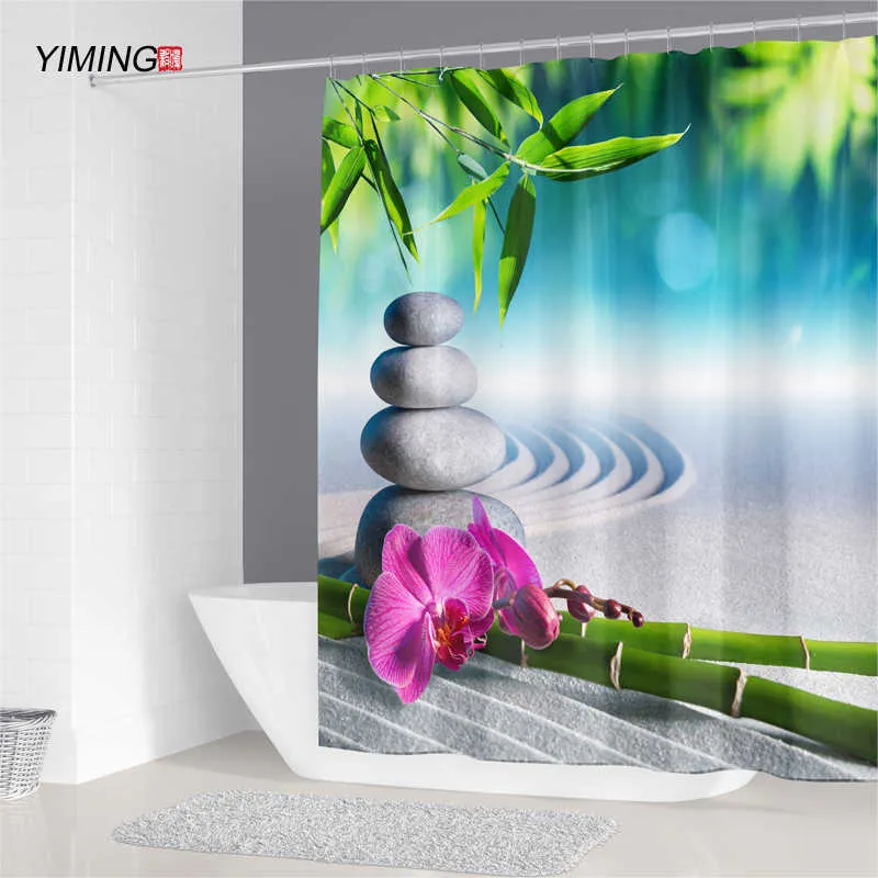Yiming Zen Rideau de douche 3D Pierre Eau courante Bouddha imperméable à l'eau résistant à la moisissure lavable 210609