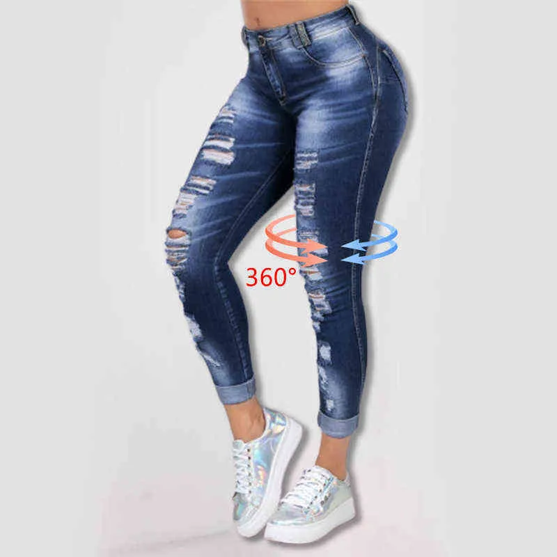 Taille haute Skinny Ripped Jeans Pour Femmes Stretch Trou Crayon Pantalon Blanchi Denim Coréen Pantalon Décontracté S-5XL Noir 211129