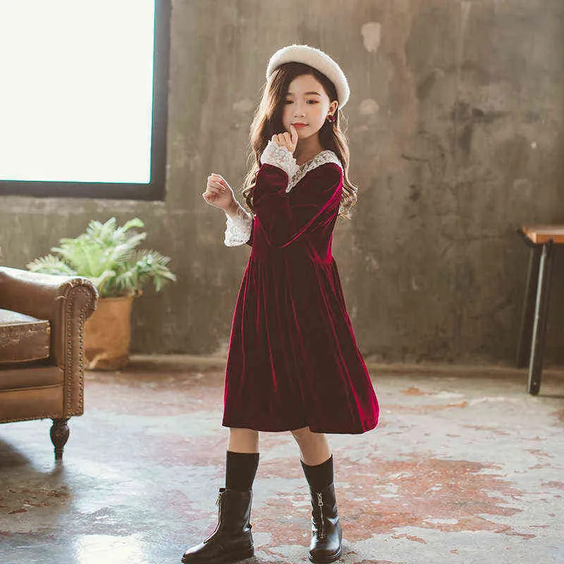 2022 adolescente vestidos de bebê primavera meninas adolescente vestido de festa de laço retalhos de manga longa grande crianças roupas vermelhas outono outono G1218