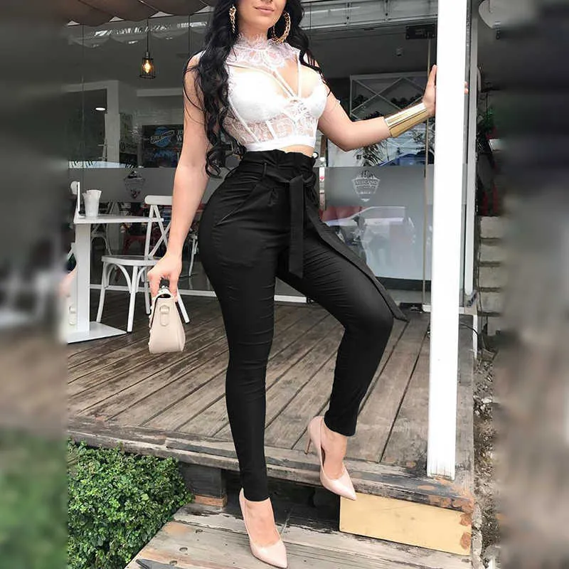 Women Fashion Casual Pants Women Trousers Solid Cargo Pants Leisure High Waisted Belted Pants 210716