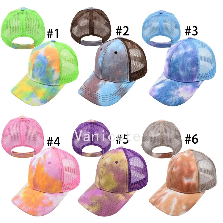 Party Supplies Tie-Dye Ponytail Hats Mesh Hollow Messy Bun Baseball Cap Trucker Hat Fast Send T2I52478