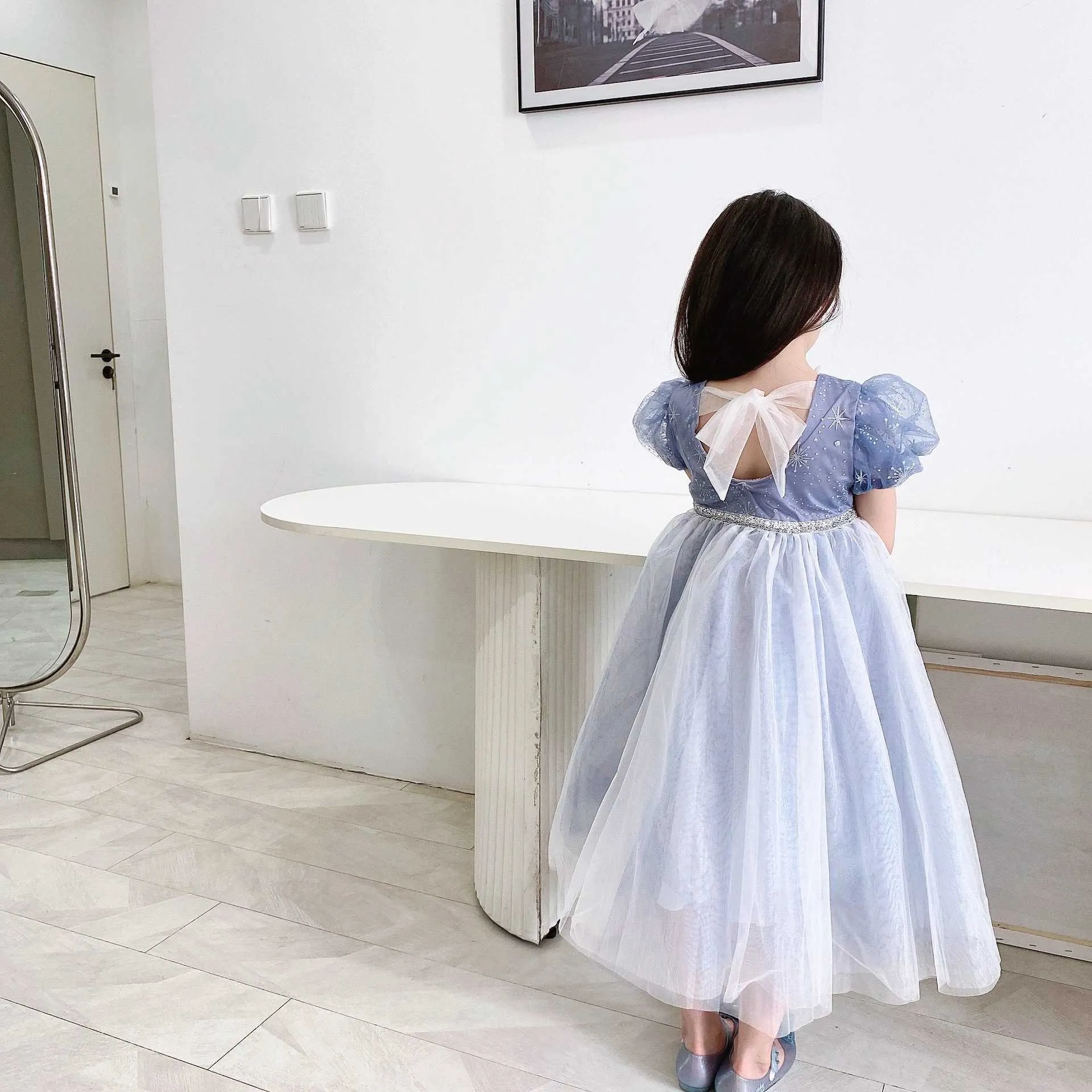 Princess Girls Dress Snowflakes Ice Blue Tulle with Bows Lovely Children Lolita Party Gown Cltohing 210529