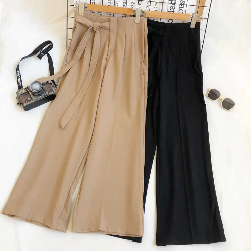 Fitaylor Spring Autumn Women Fashion Bandage Bow High Waist Suit Pants Office Lady Solid Color Straight Wide Leg Pants Q0801