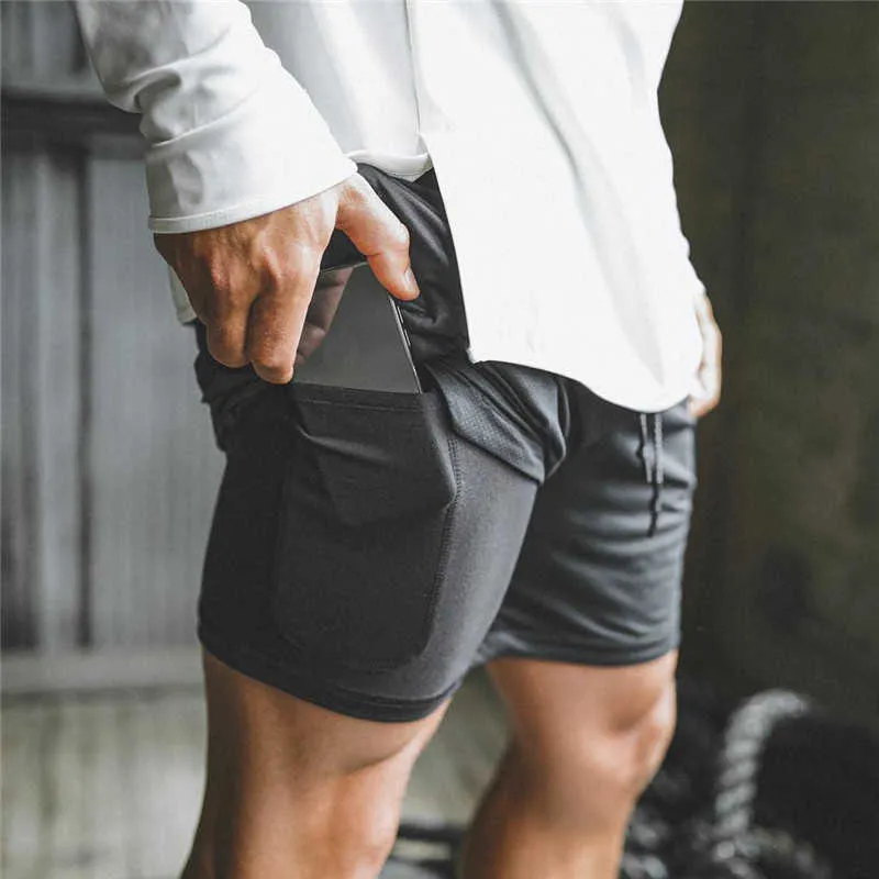 New Men Casual Shorts 2 in 1 Quick Dry Jogger Pants Gyms Fitness Bodybuilding Workout Beach Shorts Mens Casual Cool Short Pants X0601