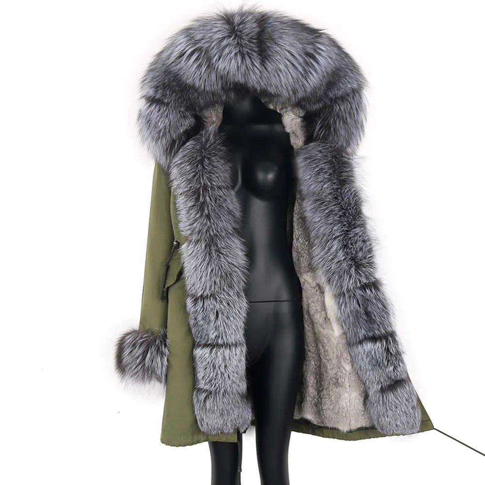 Prawdziwy futro Naturalne prawdziwe futro kołnierz ciepłe duże futro odzieży odpinany żeński długie parka kobiety moda kurtka zimowa 211019