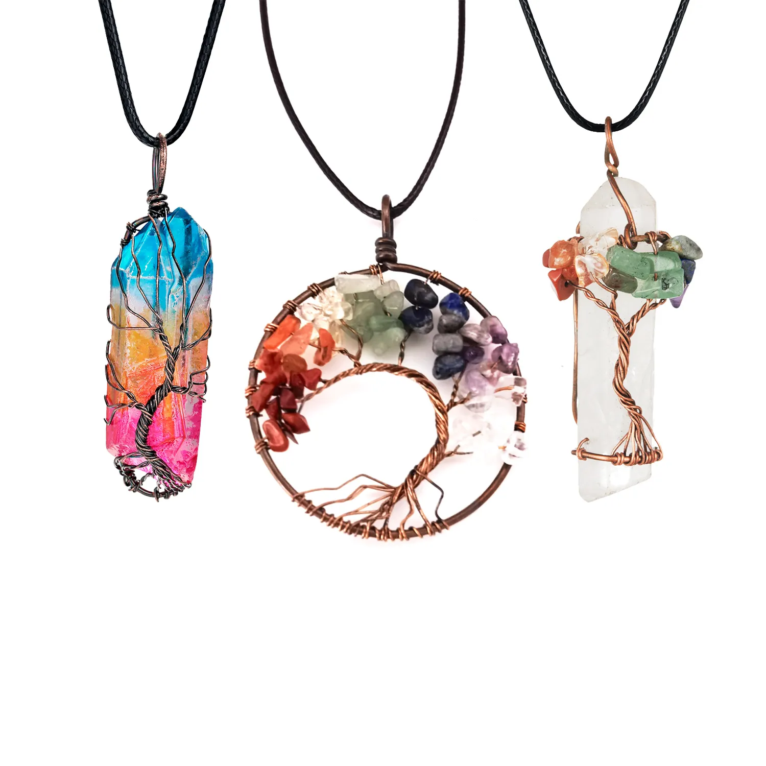 Pendentif arbre de vie, 3 pièces, collier en cristal de Quartz, pierres précieuses Chakra, fil de cuivre et d'argent enveloppé 2563