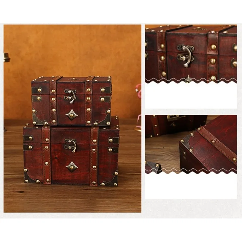 Scrigno del tesoro Scatola portaoggetti in legno vintage Organizzatore di gioielli in stile antico Je 210309