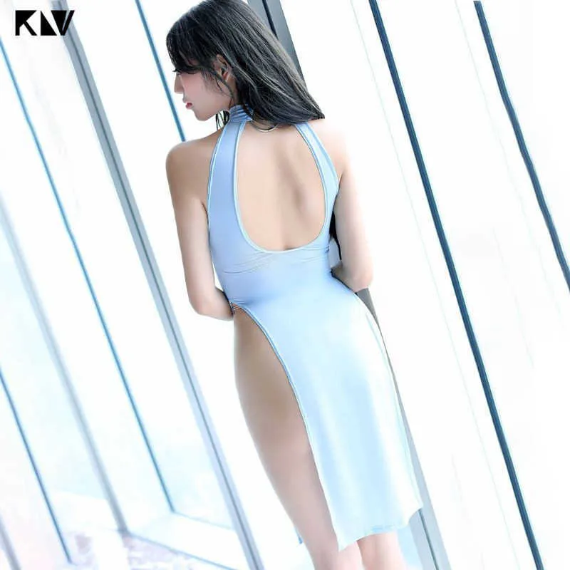 KLV Kvinnor Frestelse Cheongsam Underkläder Midi Dress High Split Babydoll Nightgown Uniform Halter Backless Solid Color Sleepwear 210924
