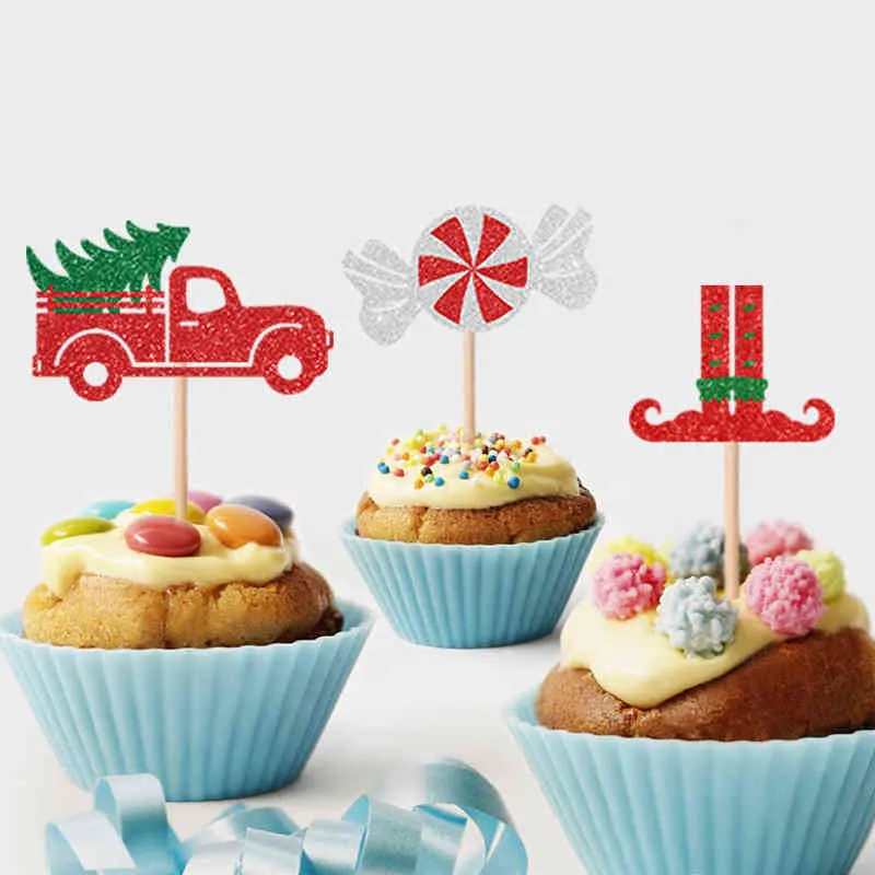 Cupcake de Noël Toppers Arbre de Noël Bonhomme de neige Gâteau de flocon de neige Picks pour la fête de Noël Favoris Fournitures de décoration de mariage 211216