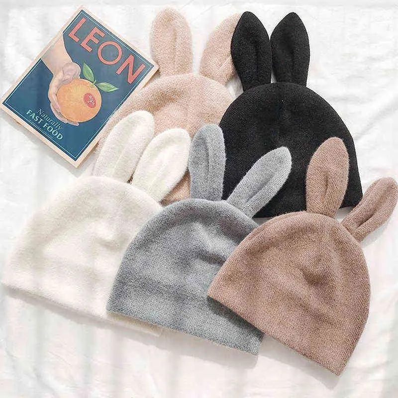 Kvinnor söt kanin hatt hög kvalitet lägg till päls fodrad löst öron vinter stilig ull stickad beanie s för varm keps 211229
