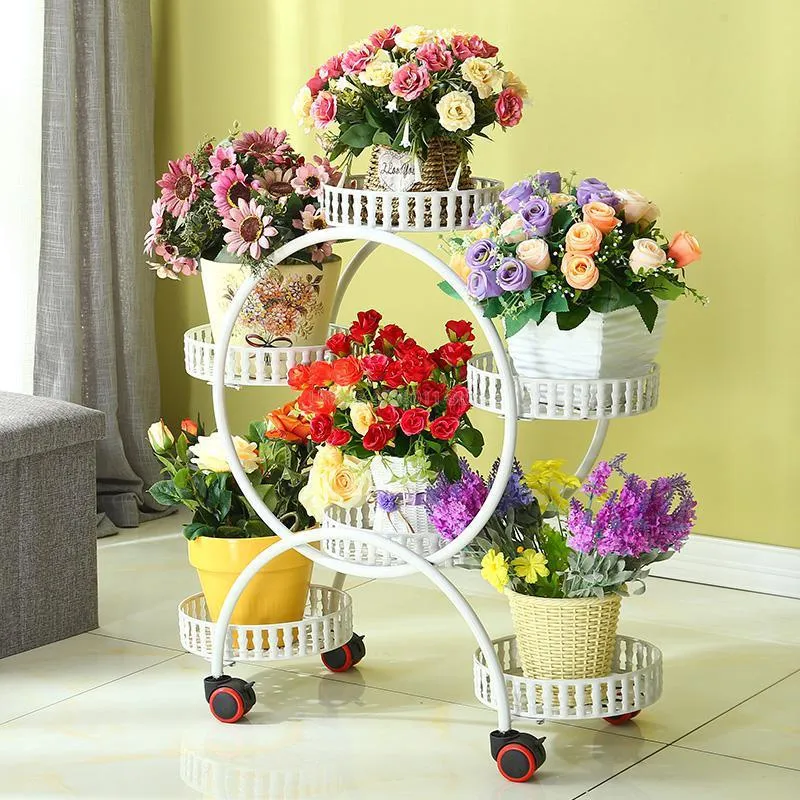 Suporte de flores portátil barato com rodas suporte de plantas de metal criativo bandejas de flores organizador grande rack de armazenamento para decoração de casa273i