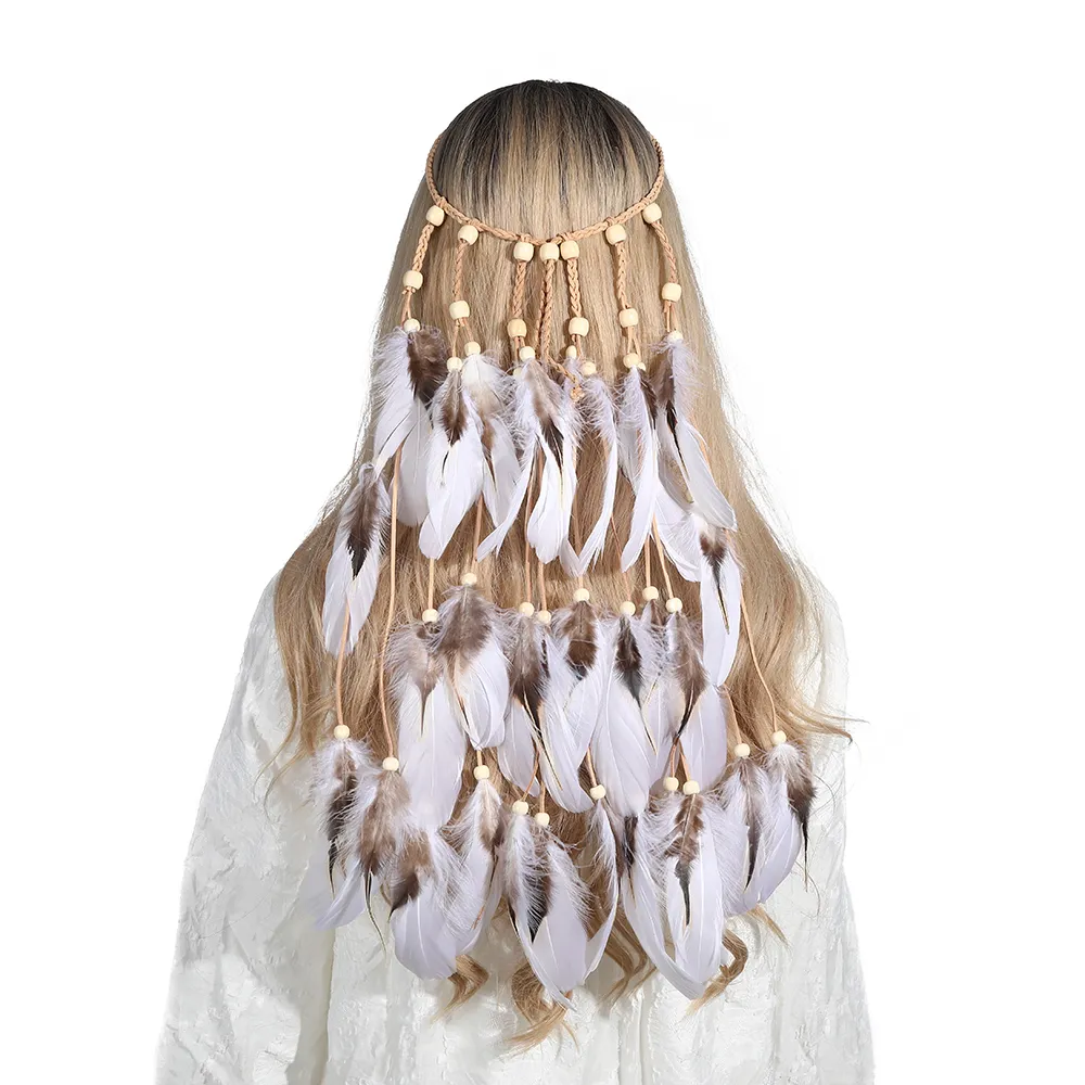 Boho fjäder huvudband festival hår tillbehör påfågel turban scrunchies elastiska hårband för kvinna pärlstav Justera huvudbonader