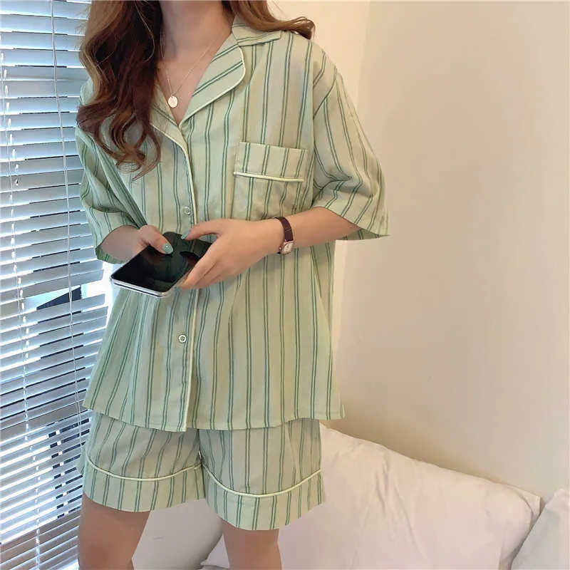 Casual Algodão Striped Breve Pijama Dois Pedaço Ternos Elegantes Sleepwear Mulheres Femme Home Chic Soltos Soltos 210525