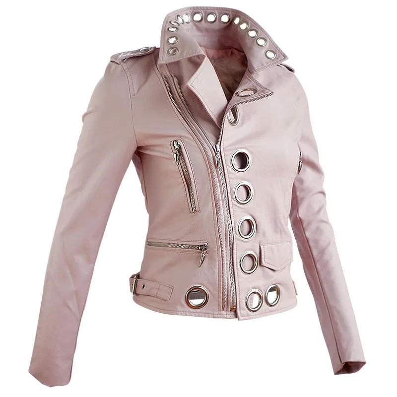 Faux Cuir Veste Bomber Manteaux Dame Noir Punk Rock Veste En Cuir Survêtement Femmes Pu Moto Rose Doux