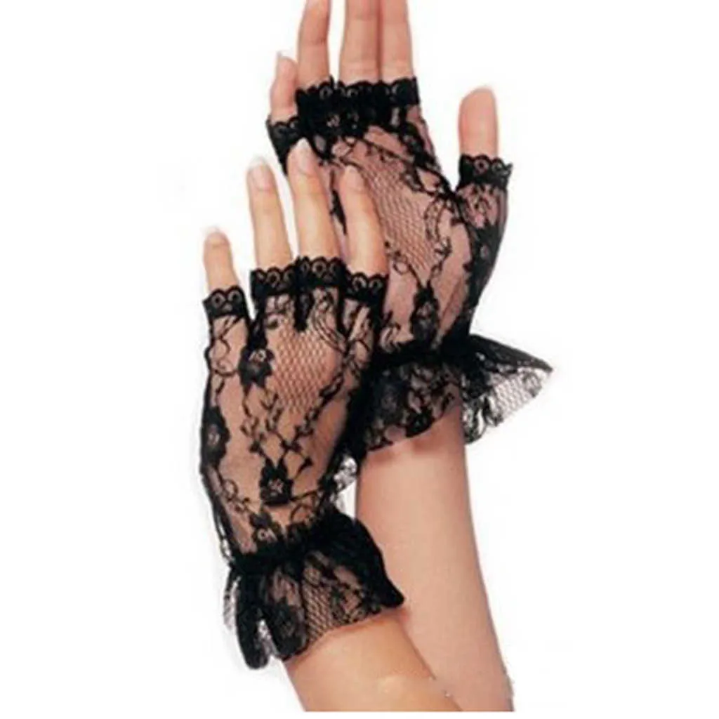 Damer sexiga korta svarta spets fingerlösa handskar netto goth gotisk casual spets tillbehör fingerlös handske kvinnlig 2020 ny y0827