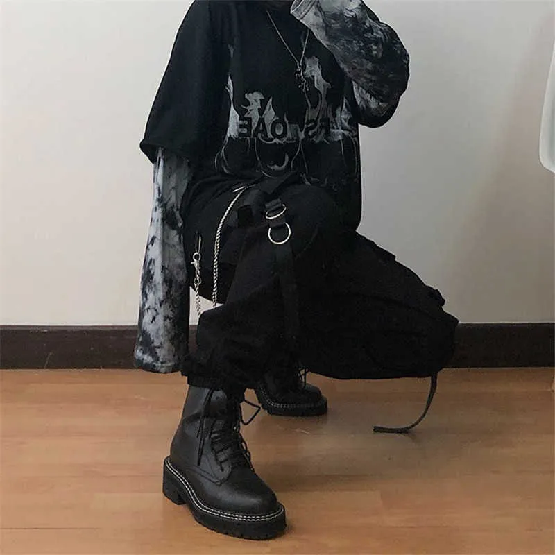 Gothique Harajuku Streetwear Femmes Casual Harem Pantalon Avec Chaîne Solide Noir Cargo Cool Mode Hip Hop Long Pantalon Capris 210915