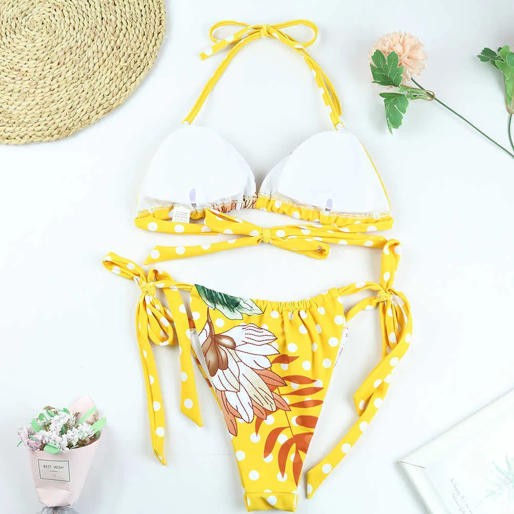 Sexy Bandage String Bikinis Set Summer Triangle Swimsuit Women Set Floral Print Bathing Suit Brazilian Biquini 210604