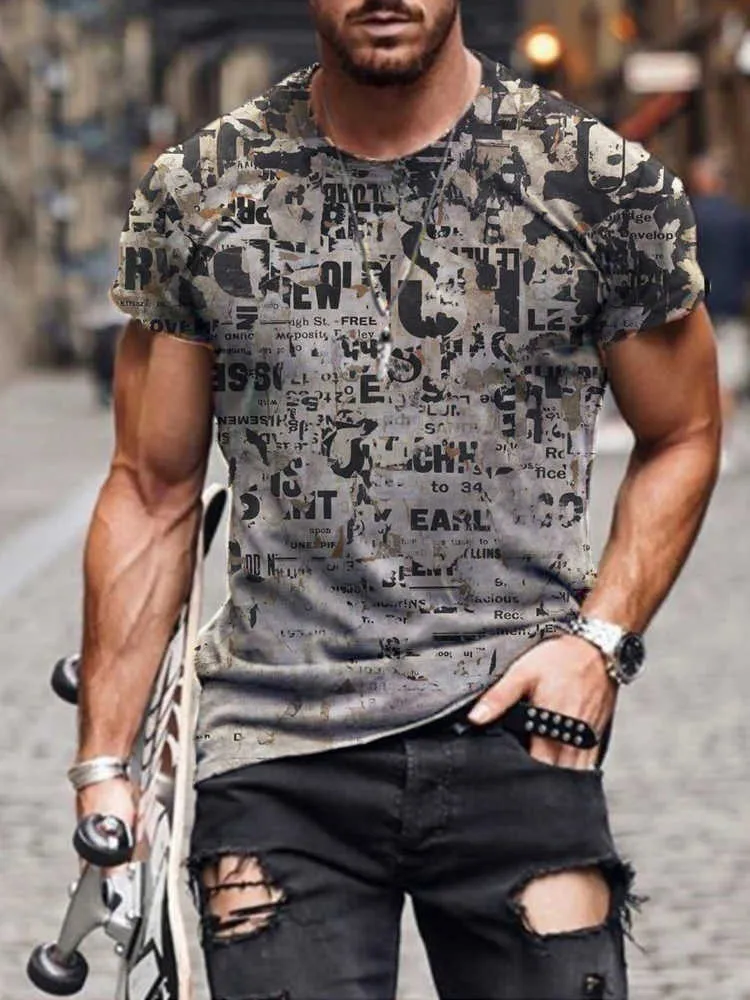 Magliette casual stampate astratte Moda uomo Estate Slim maniche corte T-shirt girocollo Taglie forti 210706