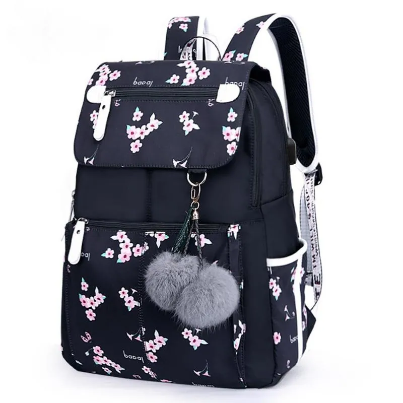 Bolsas de escola USB Backpack Moda feminina para meninas Bola de pelúcia preta Bola escolar Blossom Decoration236W