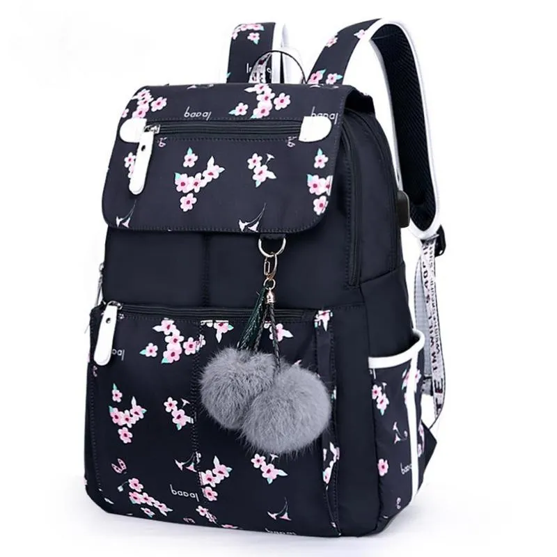 Sacs d'école USB Charge sac à dos femme mode pour filles noir en peluche balle fille cartable fleur de cerisier décoration2392