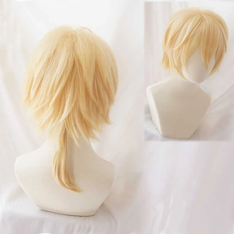 Parrucca del costume cosplay capelli biondi corti Rin / Len + traccia + cappuccio parrucca Y0903