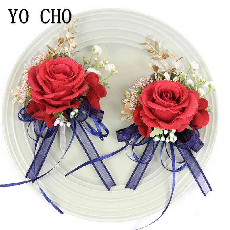 Gifts for women YO CHO Artificial Rose Wedding Boutonniere Flower Men Boutonniere Bridesmaid Wrist Corsage Girl Bracelet Purple Rose Silk Flower