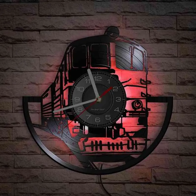 Locomotive Train oeuvre disque vinyle horloge murale gare rétro décor vinyle CD artisanat horloge silencieuse suspendus montres H1230