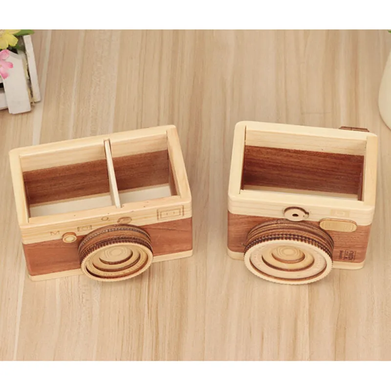 Retro Camera Double-layer Pen Holders Creative Desk Organizer Wooden Pen Pencil Case Holder Stand Learning Stationery Storage 210315