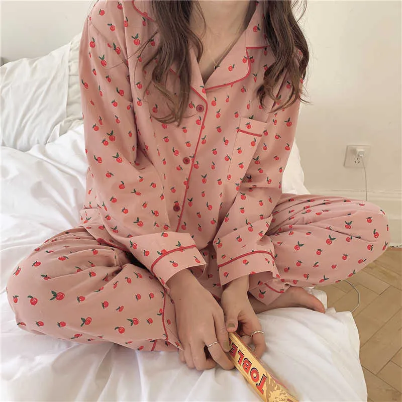 Women Vintage Fashion Spring Fruit Printing Gentle Casual High Quality Loose All Match Femme Pajamas Sets 210525