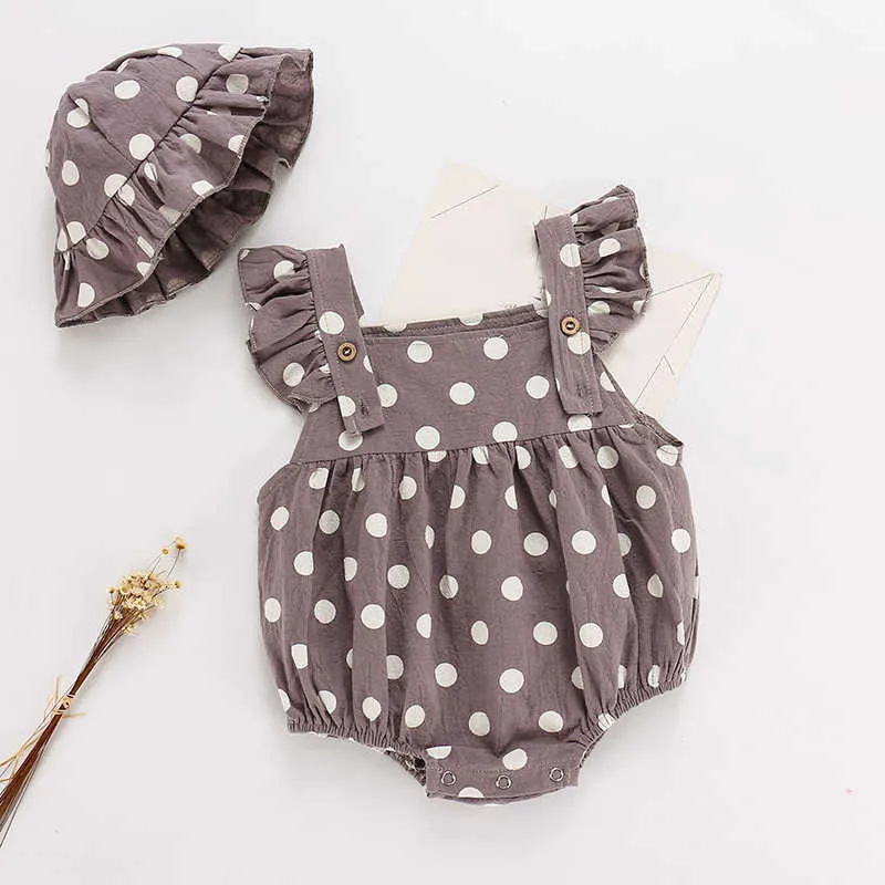 Sommar polka dot mönster romper + hatt baby flicka kläder kläder sätter pojke barn 210528